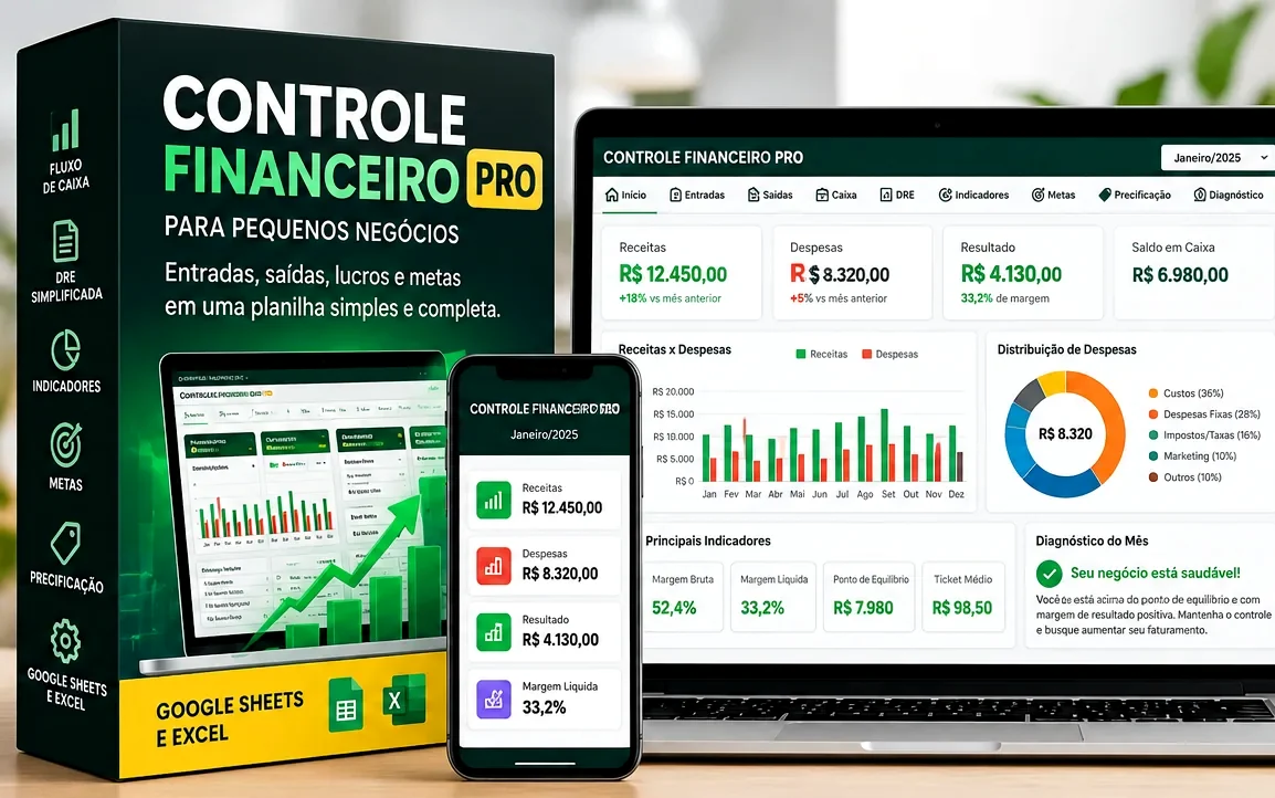 Apresentação visual de funcionalidades financeiras, indicadores, metas e precificação do Negócio no Azul